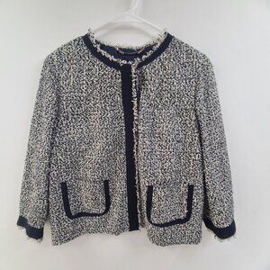 Les Copains Women’s Tweed Blazer Blue Gray Size M Snap Front Collarless Office
